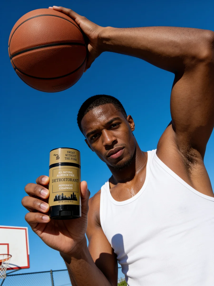 Basketball player holding Detroitorant Peppermint Cedarwood deodorant